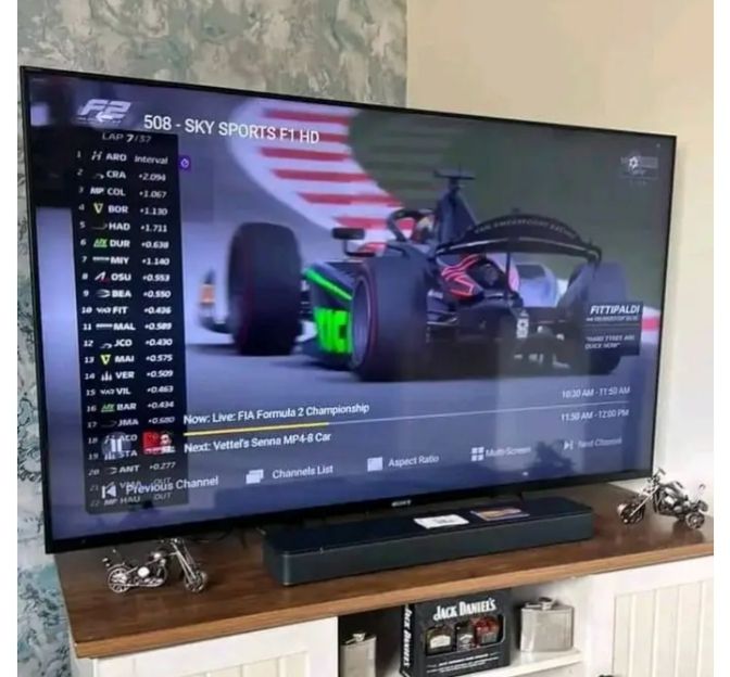 Review screenshot of international channel guide on TV